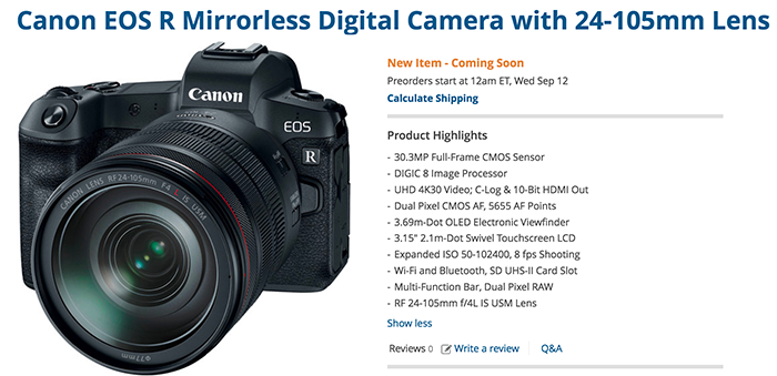 Canon EOS R - Cámara Mirrorless Full Frame de 30,3 Mp. y vídeo 4K